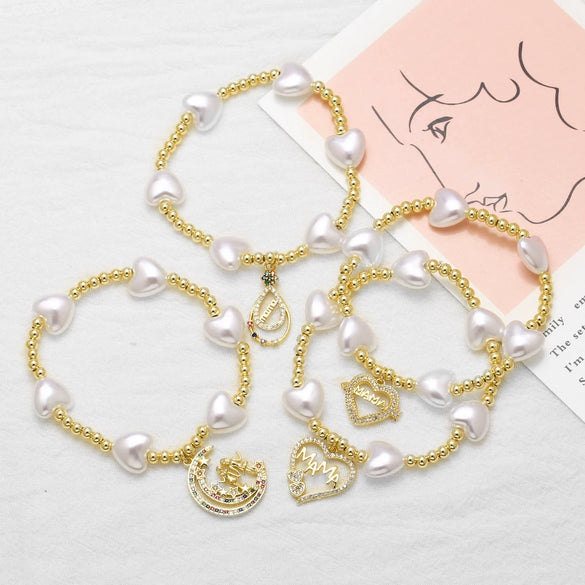 Pearl Love Gold Plated Copper Bracelet With Geometric And Heart Shape For Women