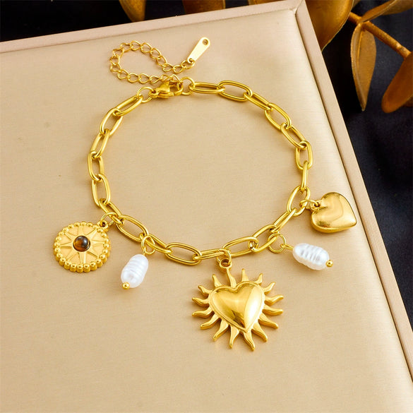 Pearl Love Sunflower Pendant Stainless Steel Bracelet Gold Plated Heart Shape Flower Design For Women