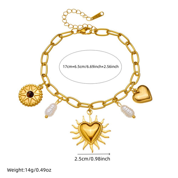 Pearl Love Sunflower Pendant Stainless Steel Bracelet Gold Plated Heart Shape Flower Design For Women