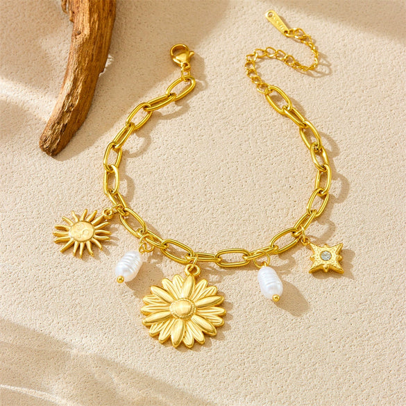 Pearl Love Sunflower Pendant Stainless Steel Bracelet Gold Plated Heart Shape Flower Design For Women