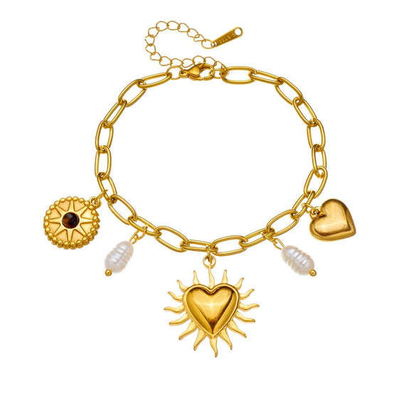 Pearl Love Sunflower Pendant Stainless Steel Bracelet Gold Plated Heart Shape Flower Design For Women