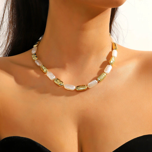 Pearl Metallic Geometric Baroque Style Electroplated Ochain Necklace For Women