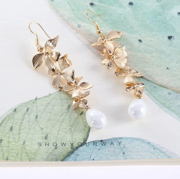 Pearl Minimalist Sweet Flower Long Tassel Golden Orchid Matte Hook Earrings Electroplated