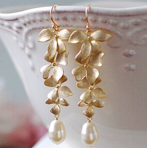 Pearl Minimalist Sweet Flower Long Tassel Golden Orchid Matte Hook Earrings Electroplated