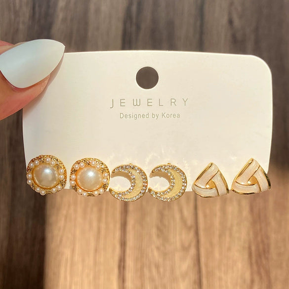 Pearl Moon Fishtail Bowknot Earrings Set Zinc Alloy Geometric Animal Zodiac Pattern Electroplated Women's