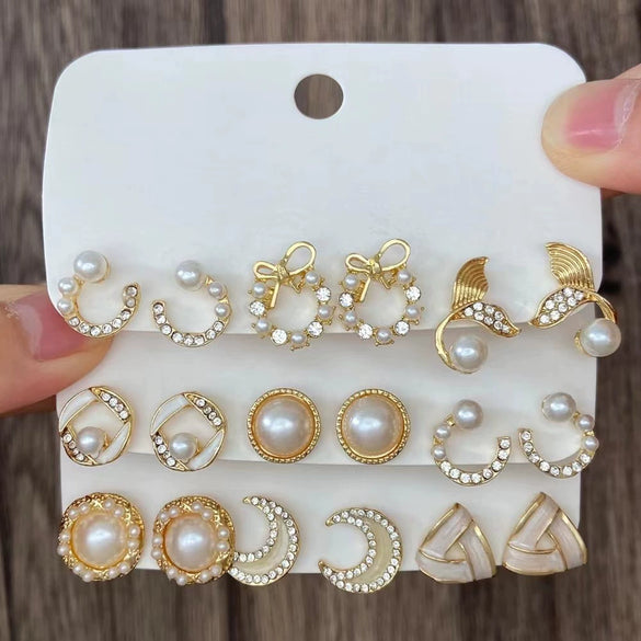 Pearl Moon Fishtail Bowknot Earrings Set Zinc Alloy Geometric Animal Zodiac Pattern Electroplated Women's