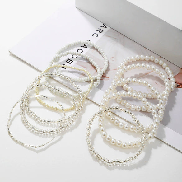 Pearl Multi Layer Bracelet Set With Geometric Styling Unisex Fashion