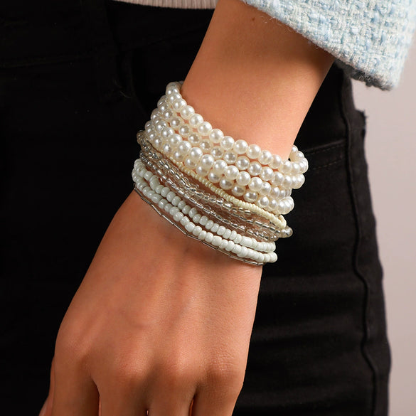 Pearl Multi Layer Bracelet Set With Geometric Styling Unisex Fashion