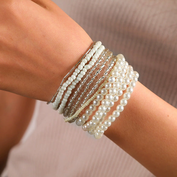 Pearl Multi Layer Bracelet Set With Geometric Styling Unisex Fashion