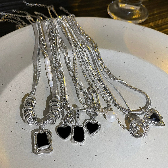 Pearl Necklace Alloy Metal Electroplated Heart Bow Geometric Style Women's Titanium Steel Jewelry