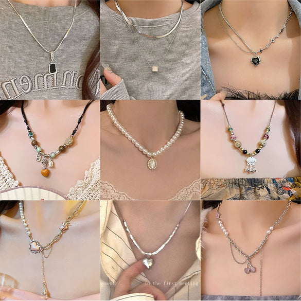Pearl Necklace Alloy Metal Electroplated Heart Bow Geometric Style Women's Titanium Steel Jewelry
