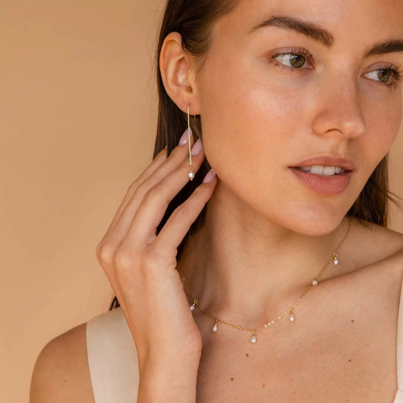 Pearl Necklace Earrings Sweater Chain Copper 18K Gold Plated Geometric Style Unisex
