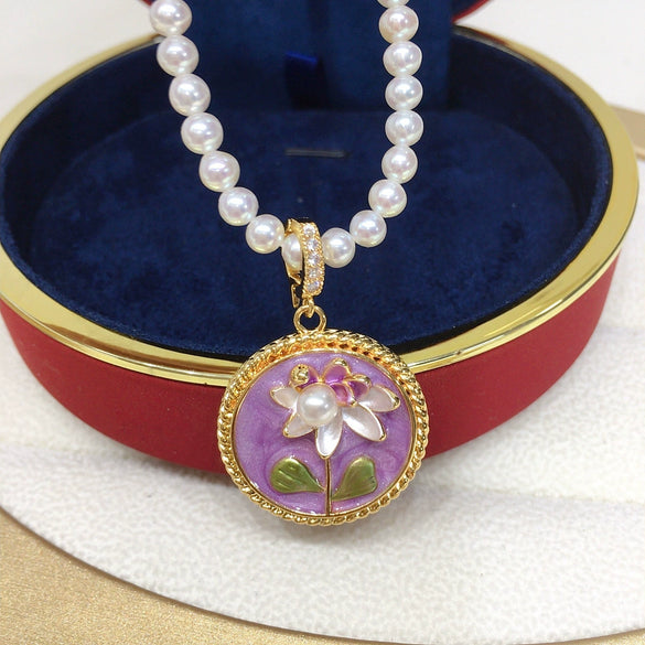 Pearl Necklace Freshwater Pearl Copper Pendant Flat Round Rose Buns Round Natural Middle Ancient Oil Painting Wind Purple Painted