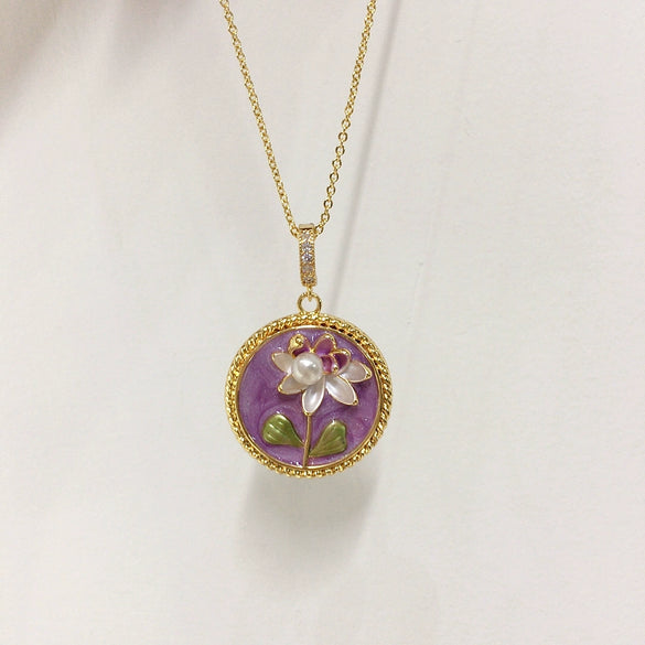 Pearl Necklace Freshwater Pearl Copper Pendant Flat Round Rose Buns Round Natural Middle Ancient Oil Painting Wind Purple Painted
