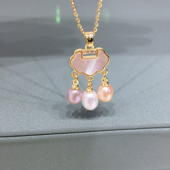 Pearl Necklace Freshwater Pearl Longevity Lock Pendant Natural Sea Style Rice Type And Water Drop Shape Copper Accessories