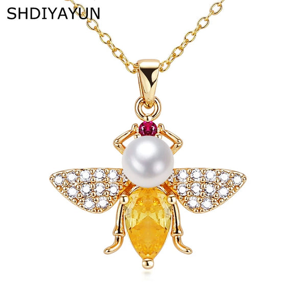 Pearl Necklace Freshwater Pearl Pendant Bee Inlay Copper With Chain Accessories