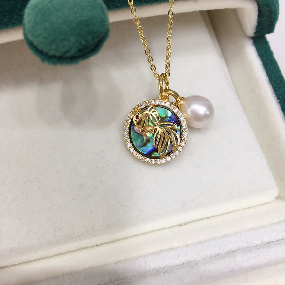 Pearl Necklace Freshwater Pearl Pendant Microinlaid Zircon Abalone Fritillaria Koi Copper Minimalist Rice Shape Droplet Shape