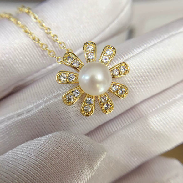 Pearl Necklace Freshwater Pearl Pendant Microinlaid Zircon Copper Accessories Flat Round Steamed Bread Round Shape