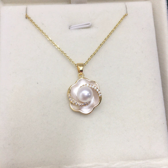 Pearl Necklace Freshwater Pearl Pendant Microinlaid Zircon Curly Flower Copper Minimalist Style