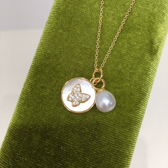 Pearl Necklace Freshwater Pearl Sea Shell Mother Of Fritillaria Butterfly Microinlaid Zircon Copper Minimalist Rice Shape Droplet Shape Pendant