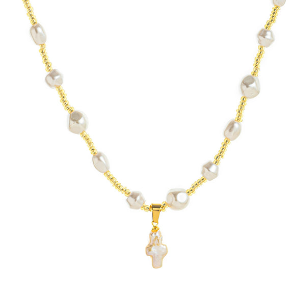 Pearl Necklace Geometric Pattern Vintage Artistic Baroque Clavicle Chain With Cross Shell Pendant And Diamond Design
