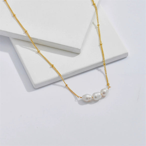 Pearl Necklace Gold Copper Plated Geometric Cuban Chain Style