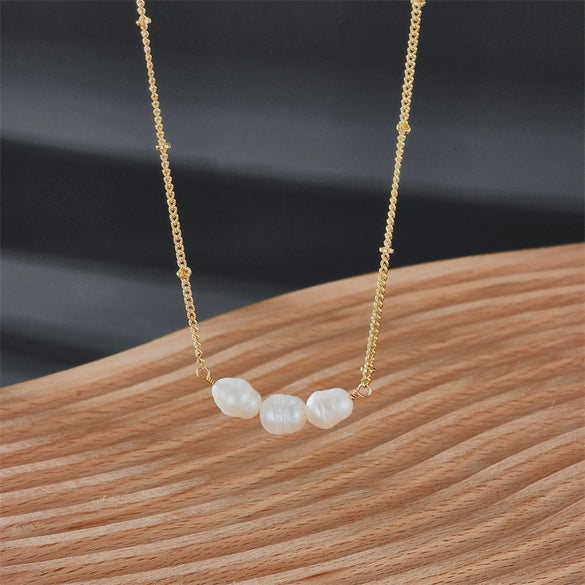 Pearl Necklace Gold Copper Plated Geometric Cuban Chain Style