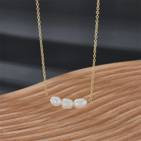 Pearl Necklace Gold Copper Plated Geometric Cuban Chain Style