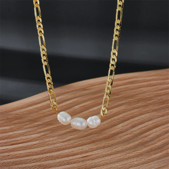 Pearl Necklace Gold Copper Plated Geometric Cuban Chain Style