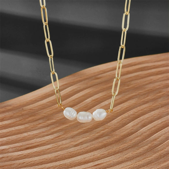 Pearl Necklace Gold Copper Plated Geometric Cuban Chain Style