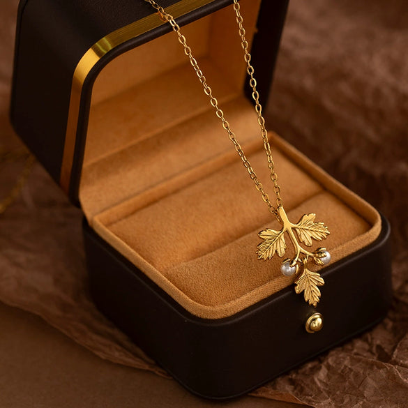Pearl Necklace Leaf Pattern Titanium Steel Copper O Word Chain Electroplating For Women