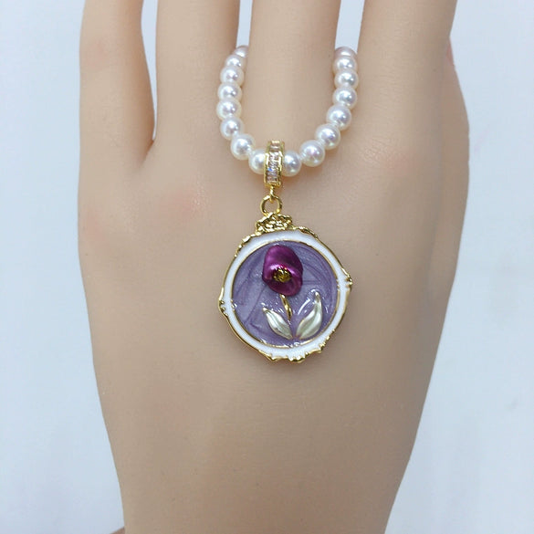 Pearl Necklace Natural Freshwater Pearl Baroque Pendant Purple Flower Painted Middle Ancient Oil Painting Wind Copper Buckle