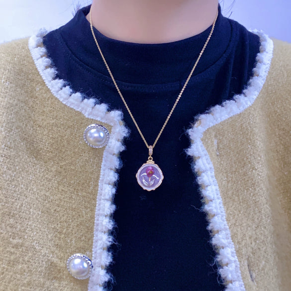 Pearl Necklace Natural Freshwater Pearl Baroque Pendant Purple Flower Painted Middle Ancient Oil Painting Wind Copper Buckle
