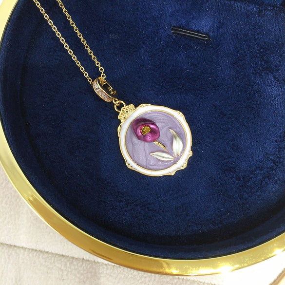 Pearl Necklace Natural Freshwater Pearl Baroque Pendant Purple Flower Painted Middle Ancient Oil Painting Wind Copper Buckle