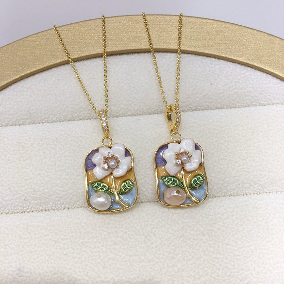 Pearl Necklace Natural Freshwater Pearl Square Pendant Copper Accessories Baroque Medieval Oil Painting Style