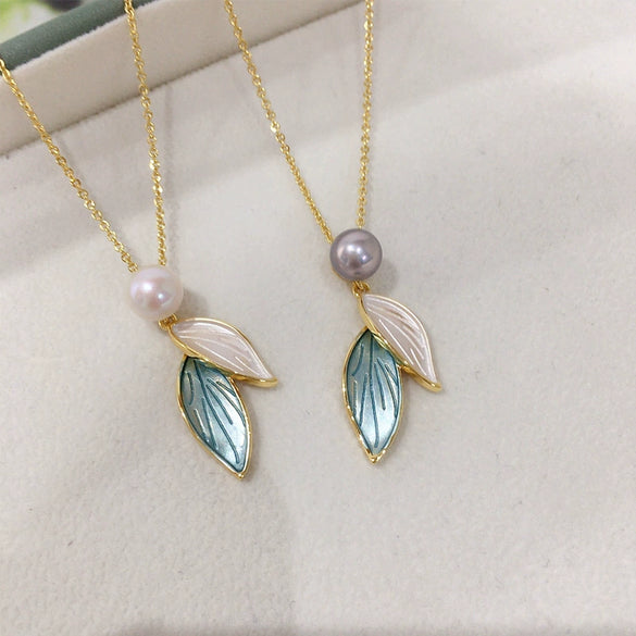 Pearl Necklace Pendant Jewelry Natural Freshwater Pearl Tassel Leaf Design Copper Accessories