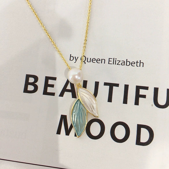 Pearl Necklace Pendant Jewelry Natural Freshwater Pearl Tassel Leaf Design Copper Accessories