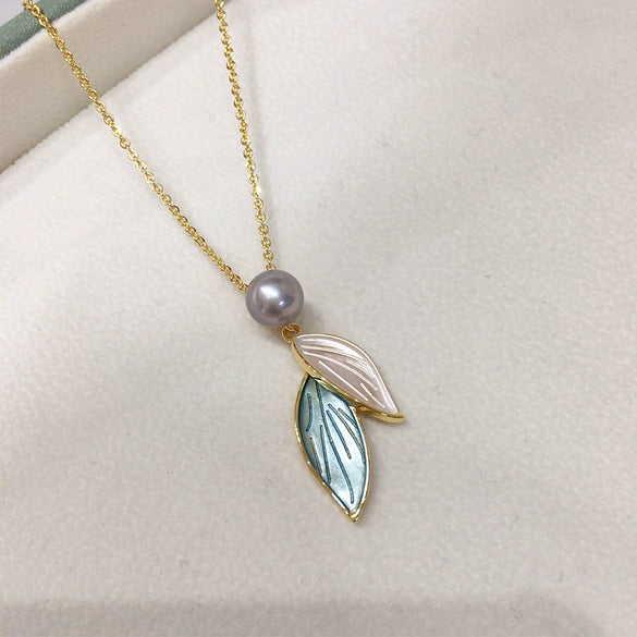 Pearl Necklace Pendant Jewelry Natural Freshwater Pearl Tassel Leaf Design Copper Accessories
