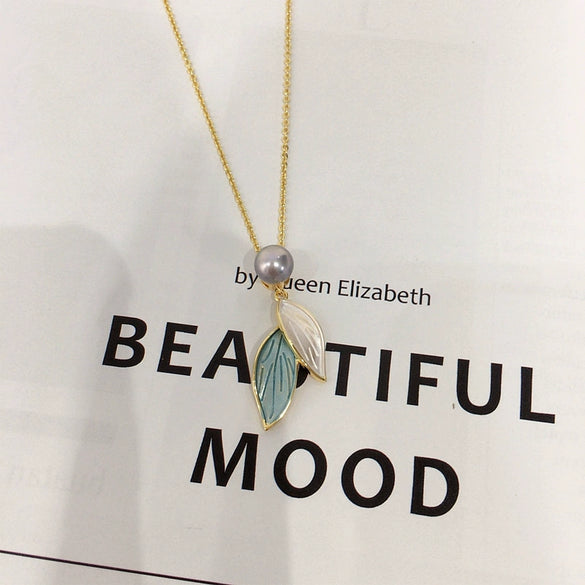 Pearl Necklace Pendant Jewelry Natural Freshwater Pearl Tassel Leaf Design Copper Accessories