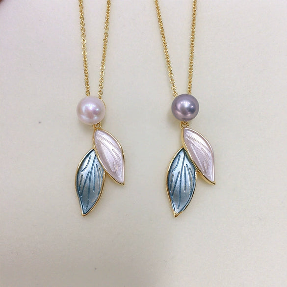 Pearl Necklace Pendant Jewelry Natural Freshwater Pearl Tassel Leaf Design Copper Accessories