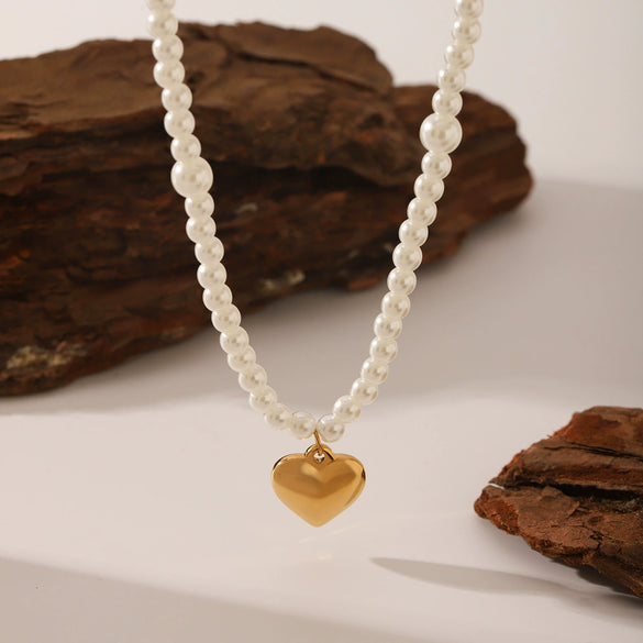 Pearl Necklace Stainless Steel Heartshaped Pendant Vacuum Plated For Women