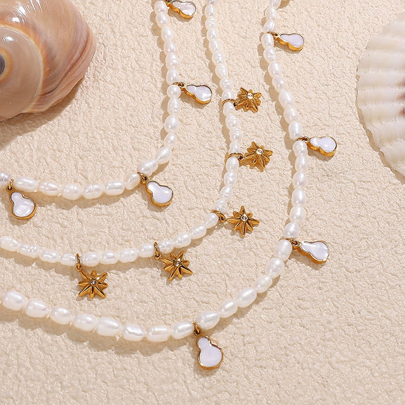 Pearl Necklace With Starburst Zircon Pendant 316L Stainless Steel 316L Stainless Steel Electroplating Jewelry For Women