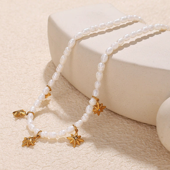 Pearl Necklace With Starburst Zircon Pendant 316L Stainless Steel 316L Stainless Steel Electroplating Jewelry For Women