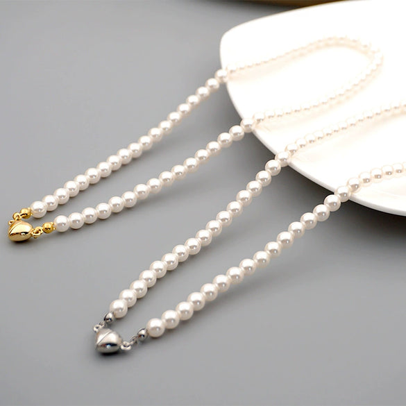 Pearl Necklace Women Simple Round Beaded Heartshaped Magnetic Clavicle Chain Alloy Glass Glaze Handmade Jewelry