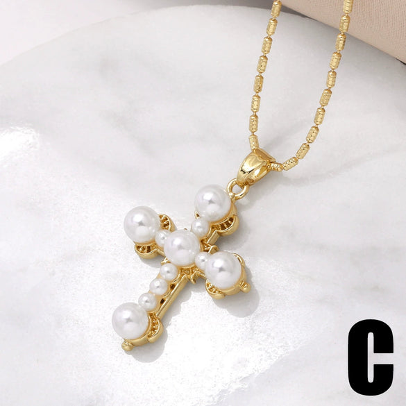 Pearl Necklace Women's Drop Oil Copper Electroplated Cross Clavicle Chain Simple Style Bamboo Chain