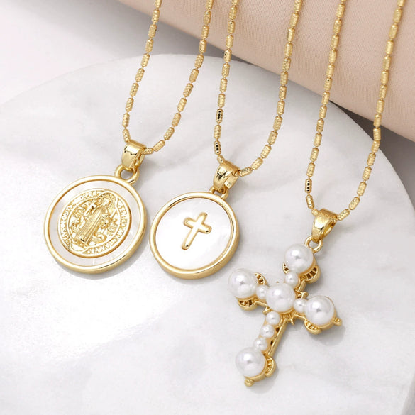 Pearl Necklace Women's Drop Oil Copper Electroplated Cross Clavicle Chain Simple Style Bamboo Chain