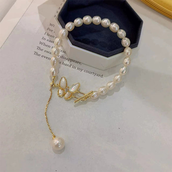 Pearl Necklace Zircon Butterfly Tshaped Buckle Tassel Handmade Natural Style