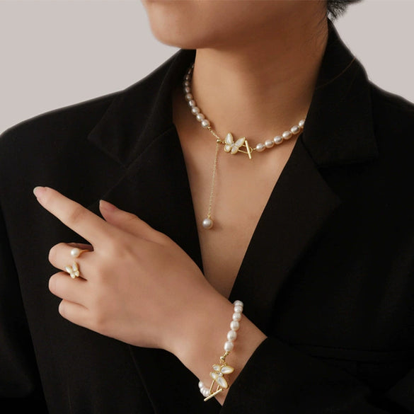 Pearl Necklace Zircon Butterfly Tshaped Buckle Tassel Handmade Natural Style
