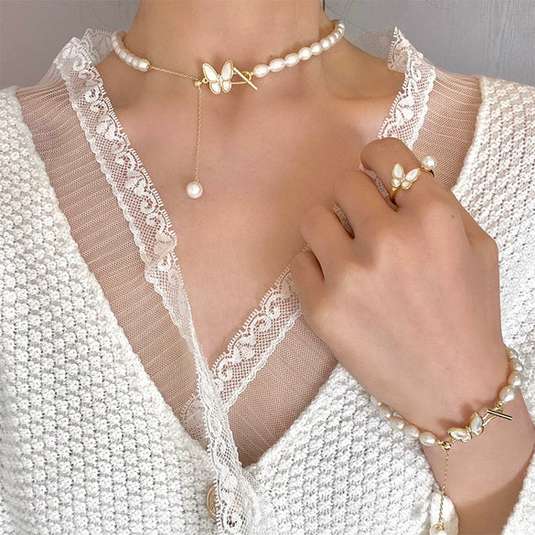 Pearl Necklace Zircon Butterfly Tshaped Buckle Tassel Handmade Natural Style