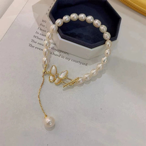 Pearl Necklace Zircon Butterfly Tshaped Buckle Tassel Handmade Natural Style